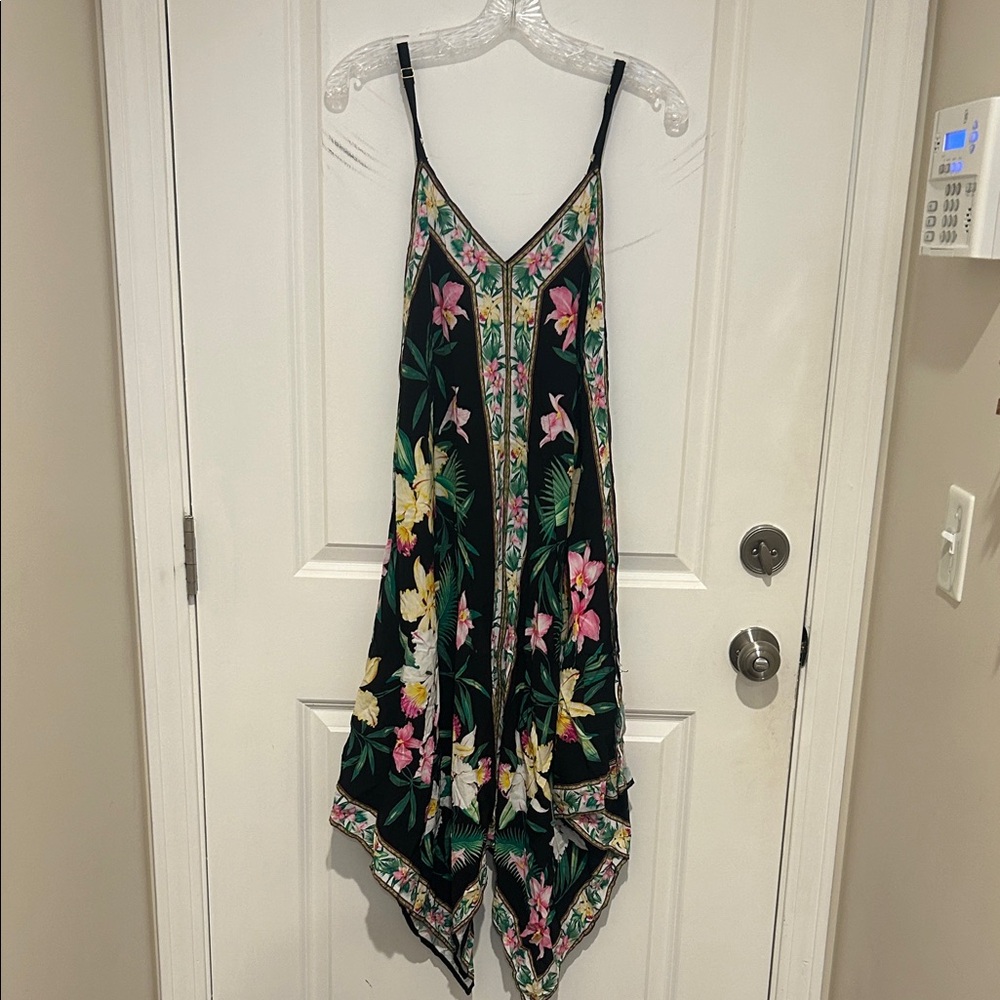 Tommy Bahama Black Floral Handkerchief-Hem dress